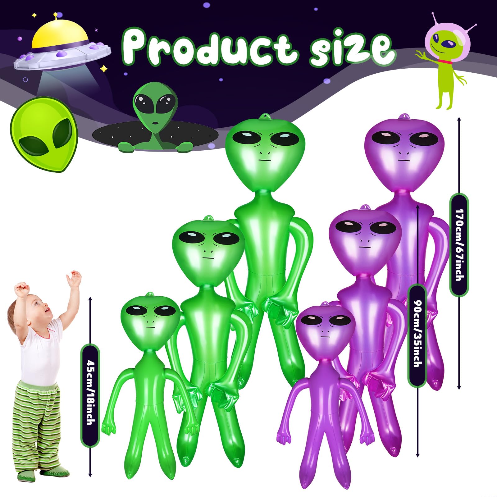 Honoson 6 Pcs Giant Inflate Alien, 67 inch 35 Inch 18 Inch Jumbo Alien Blow up Alien Green Purple Balloons Inflatable Alien Doll Toy for Halloween Birthday Alien Theme Party Decor Supplies