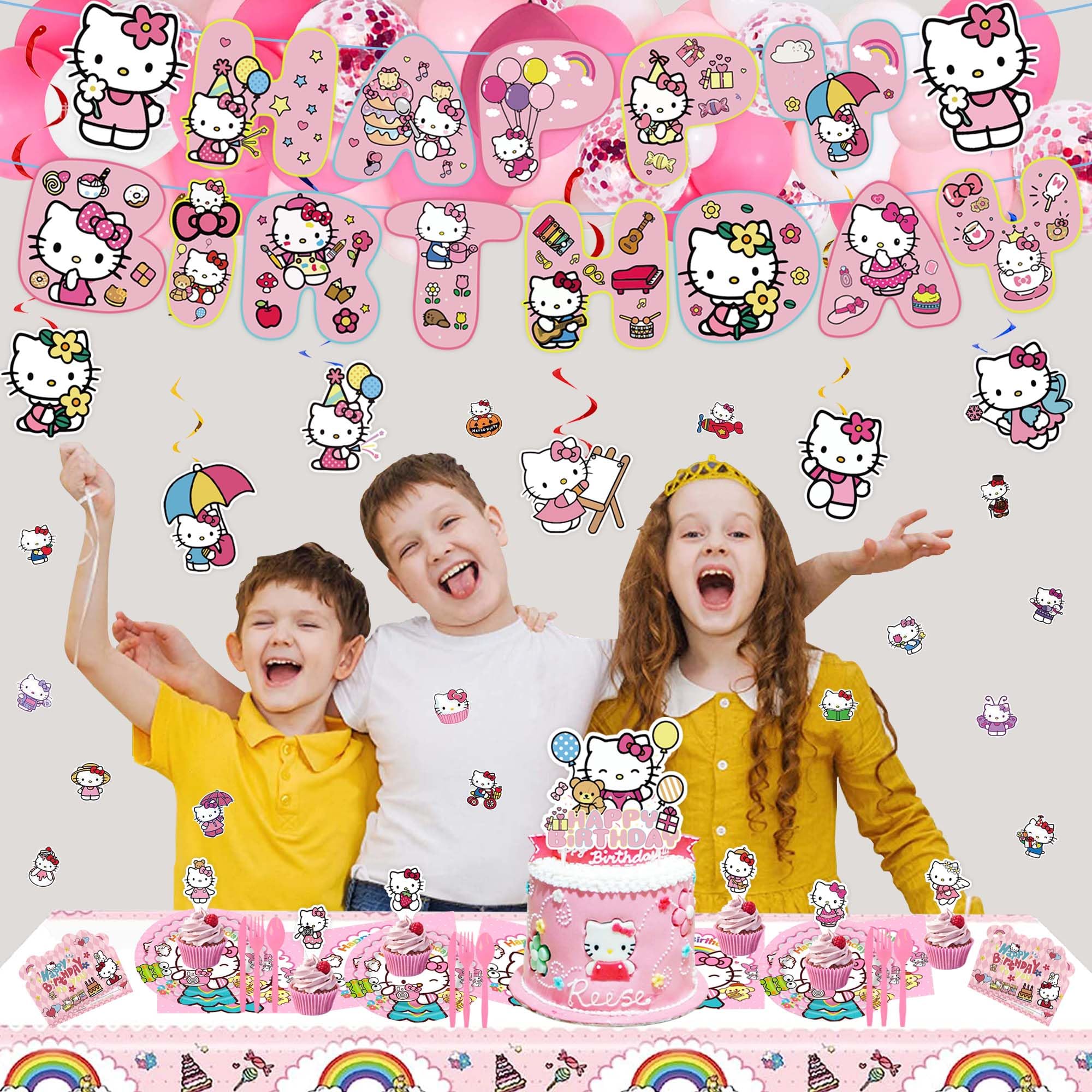 Kawaii Birthday Party Supplies, Kawaii Birthday Party Decorations Set Include Banner, Tattoos Invitation Cards, Hanging Swirls, Stickers, Tableware, Cake Toppers, Balloons, Kawaii Cute Party Favors