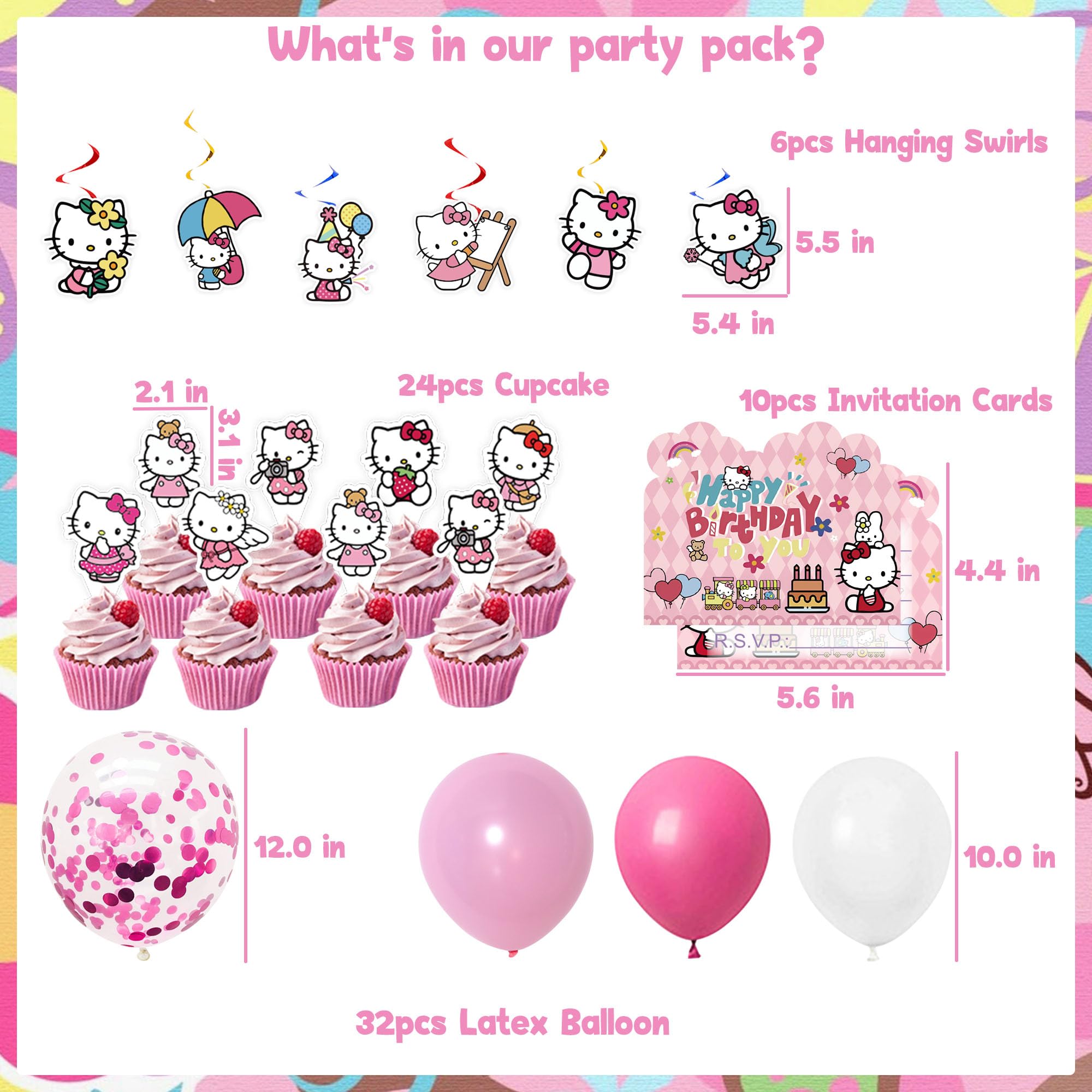 Kawaii Birthday Party Supplies, Kawaii Birthday Party Decorations Set Include Banner, Tattoos Invitation Cards, Hanging Swirls, Stickers, Tableware, Cake Toppers, Balloons, Kawaii Cute Party Favors