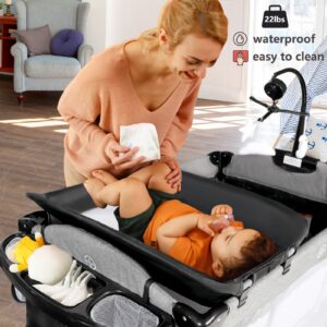 Kinder King 4 in 1 Portable Nursery Center, Foldable Baby Bedside Crib w/Bassinet, Infant Pack n Play Playard Toddler Large Playpen, Newborn Changing Table, Storage Basket, Side Zipper