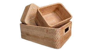 lilacraft set 3 rattan natural storage baskets for organizing, wicker cubby storage bins, rattan storage baskets, rope woven baskets for storage with carrying handles decor (set of 3 (1l,2s))…