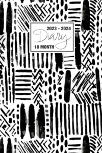 2023 - 2024: 18 month diary a5 week to view on 2 pages weekly journal agenda wo2p planner jul 23 to dec 24 horizontal with moon phases, uk & us ... black white ethnic monochrome pattern