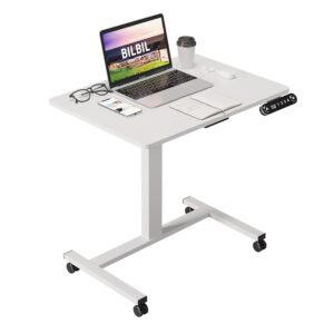 bilbil electric standing desks with lockable wheels, 32 * 24 inch height adjustable sit to stand desk, overbed laptop table desk, mobile rolling desk, portable work table for home & office, white