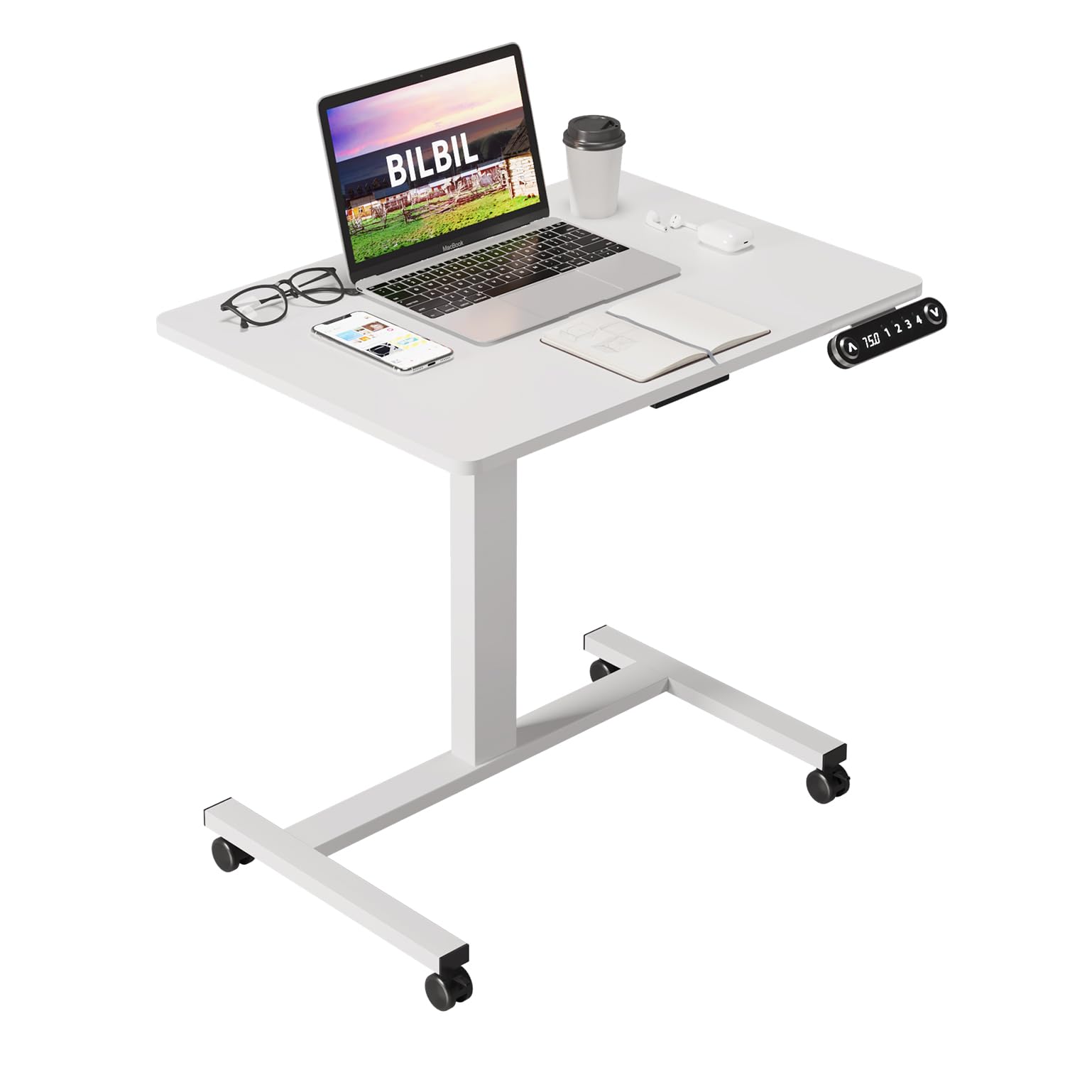 bilbil Electric Standing Desks with Lockable Wheels, 32 * 24 inch Height Adjustable Sit to Stand Desk, Overbed Laptop Table Desk, Mobile Rolling Desk, Portable Work Table for Home & Office, White