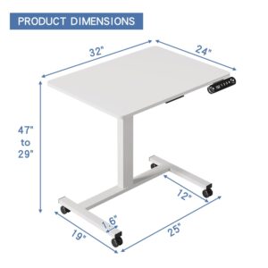 bilbil Electric Standing Desks with Lockable Wheels, 32 * 24 inch Height Adjustable Sit to Stand Desk, Overbed Laptop Table Desk, Mobile Rolling Desk, Portable Work Table for Home & Office, White