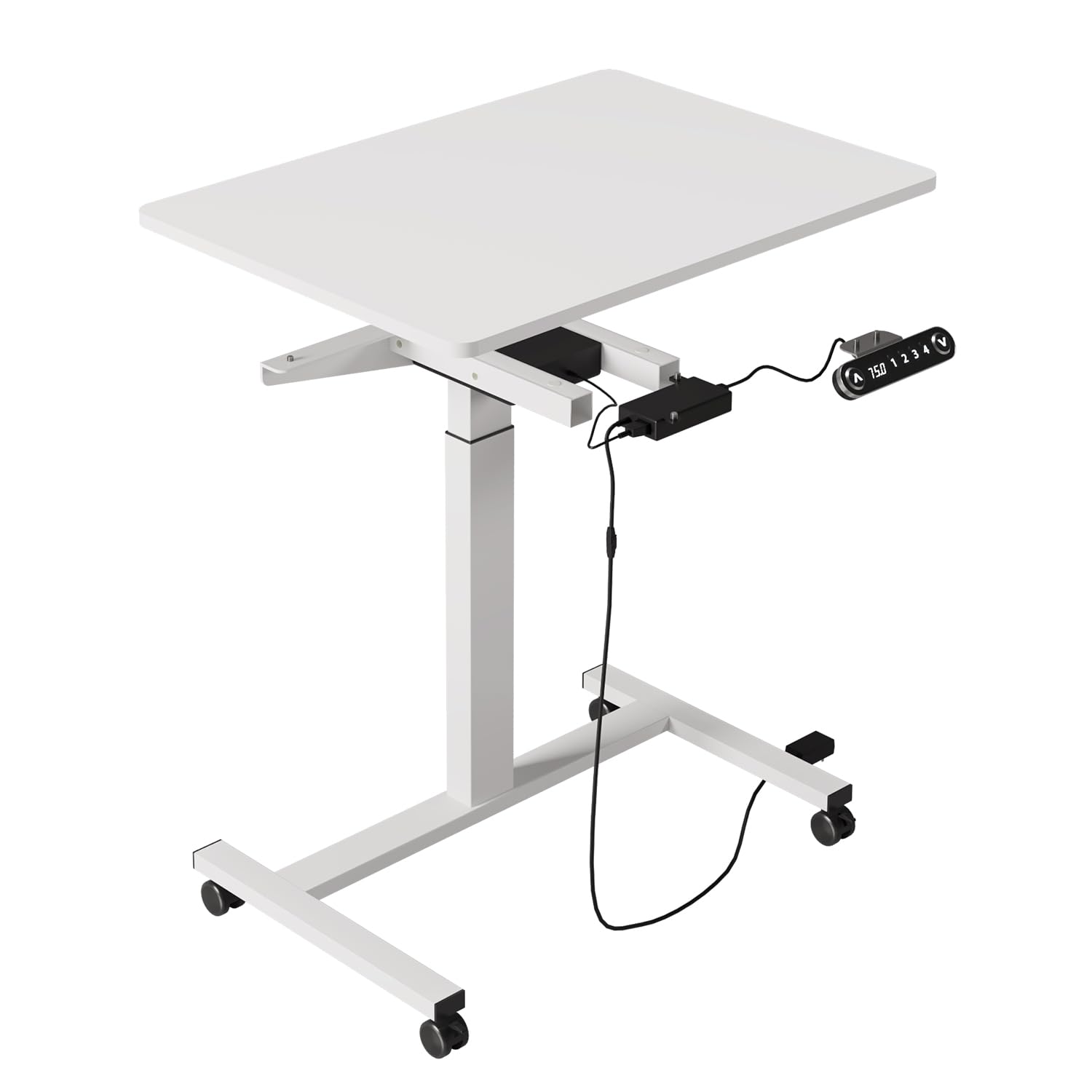 bilbil Electric Standing Desks with Lockable Wheels, 32 * 24 inch Height Adjustable Sit to Stand Desk, Overbed Laptop Table Desk, Mobile Rolling Desk, Portable Work Table for Home & Office, White