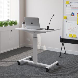 bilbil Electric Standing Desks with Lockable Wheels, 32 * 24 inch Height Adjustable Sit to Stand Desk, Overbed Laptop Table Desk, Mobile Rolling Desk, Portable Work Table for Home & Office, White