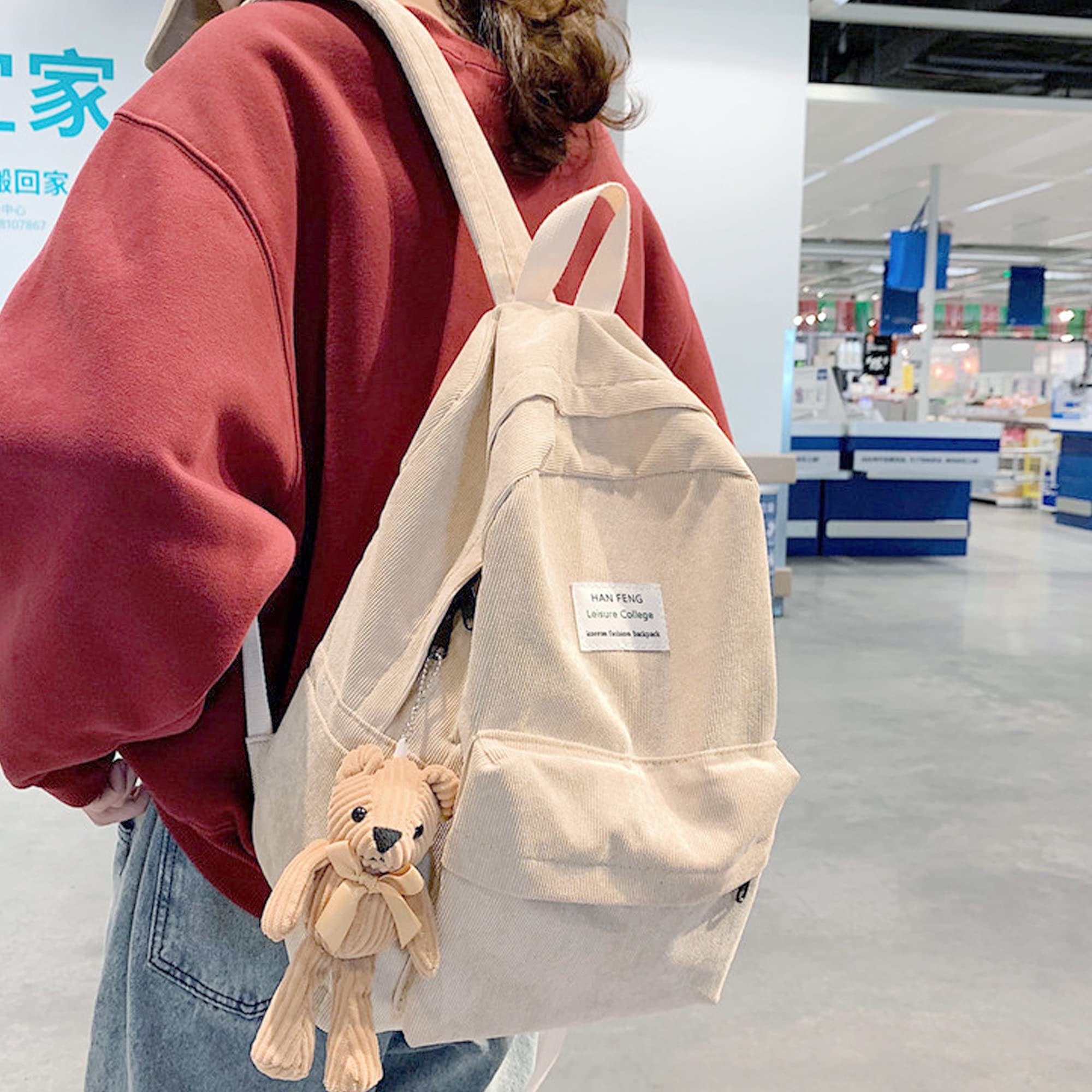 Hyuyikuwol Casual Corduroy Backpack Travel Daypack Book Bag Laptop Bag for Women Men, Beige