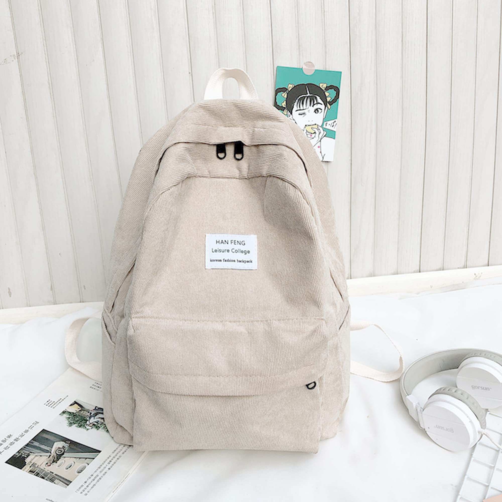 Hyuyikuwol Casual Corduroy Backpack Travel Daypack Book Bag Laptop Bag for Women Men, Beige