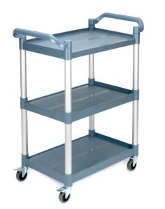 qwork plastic utility cart with wheels lockable, 3-tier rolling push cart bus cart for restaurant, kitchen, gray