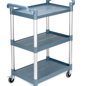 QWORK Plastic Utility Cart with Wheels Lockable, 3-Tier Rolling Push Cart Bus Cart for Restaurant, Kitchen, Gray