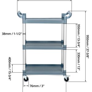 QWORK Plastic Utility Cart with Wheels Lockable, 3-Tier Rolling Push Cart Bus Cart for Restaurant, Kitchen, Gray