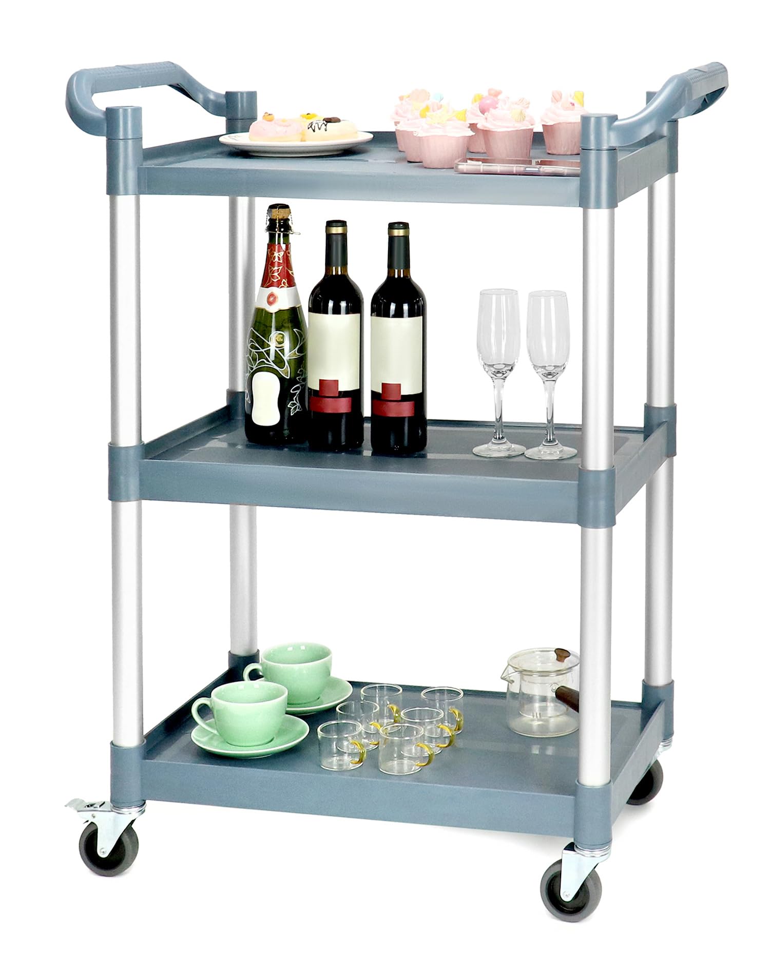 QWORK Plastic Utility Cart with Wheels Lockable, 3-Tier Rolling Push Cart Bus Cart for Restaurant, Kitchen, Gray