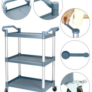 QWORK Plastic Utility Cart with Wheels Lockable, 3-Tier Rolling Push Cart Bus Cart for Restaurant, Kitchen, Gray