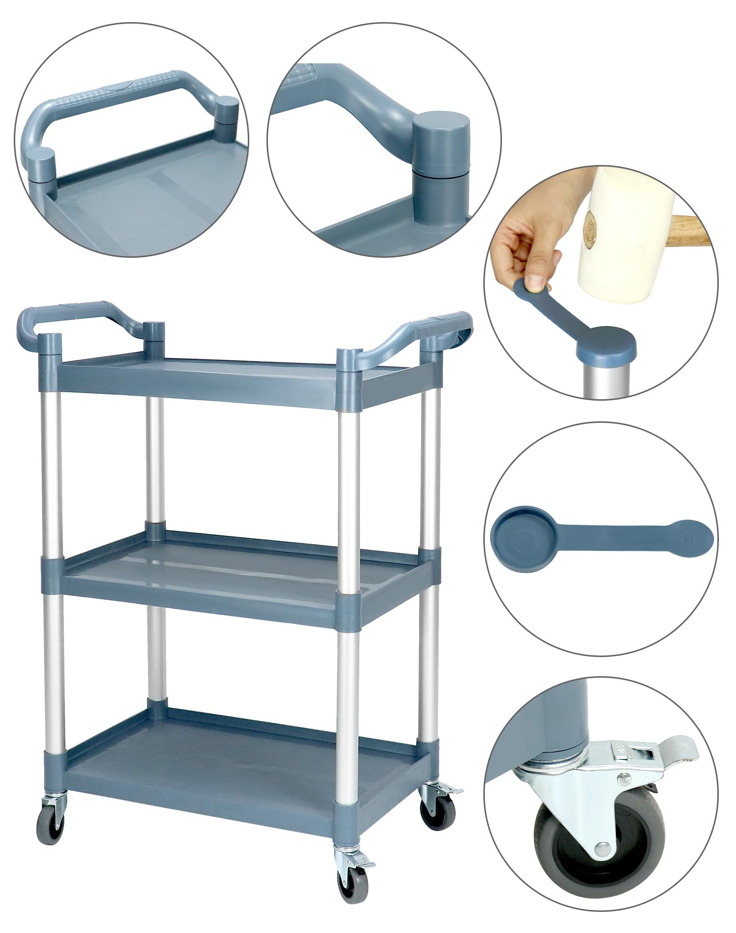 QWORK Plastic Utility Cart with Wheels Lockable, 3-Tier Rolling Push Cart Bus Cart for Restaurant, Kitchen, Gray