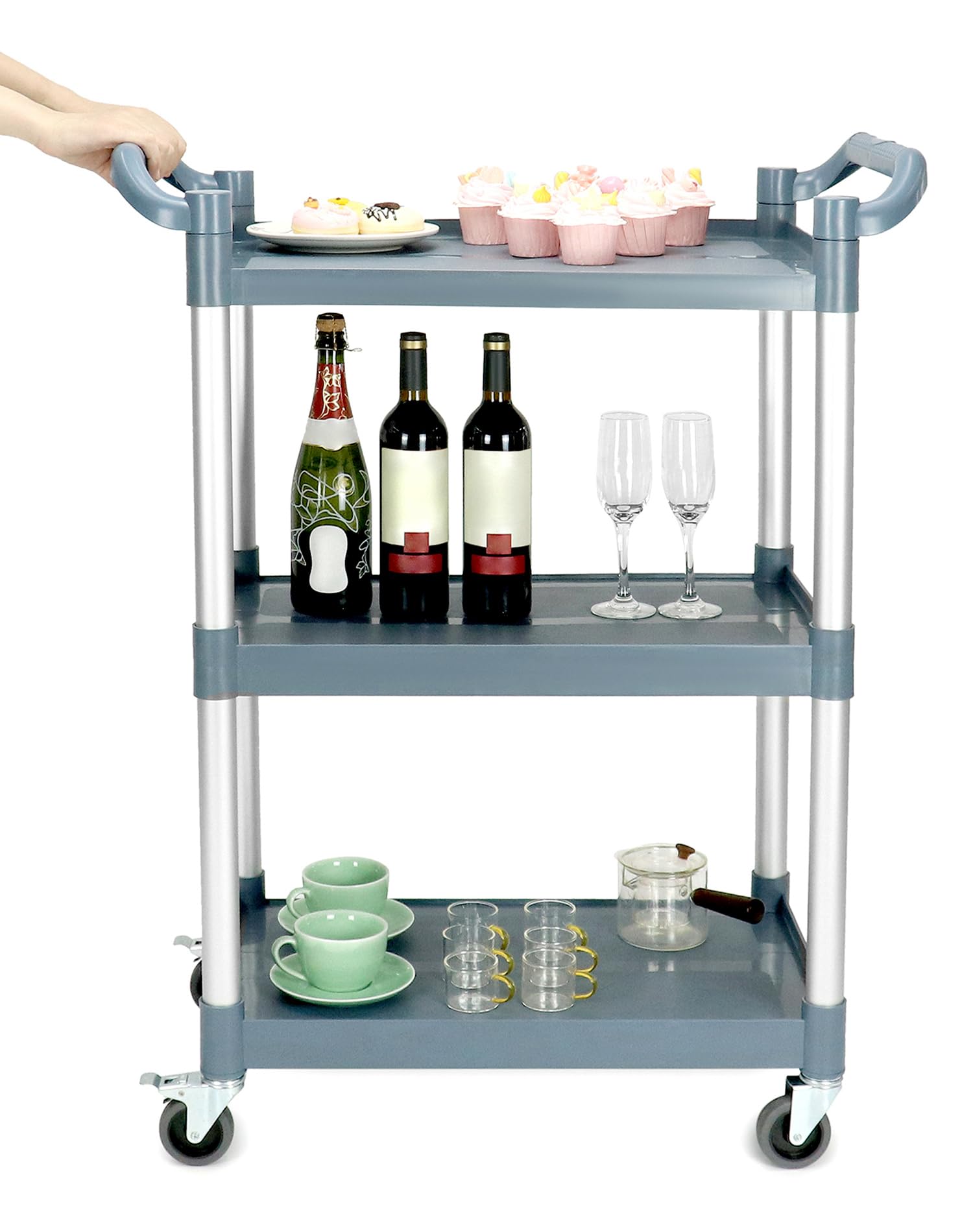 QWORK Plastic Utility Cart with Wheels Lockable, 3-Tier Rolling Push Cart Bus Cart for Restaurant, Kitchen, Gray