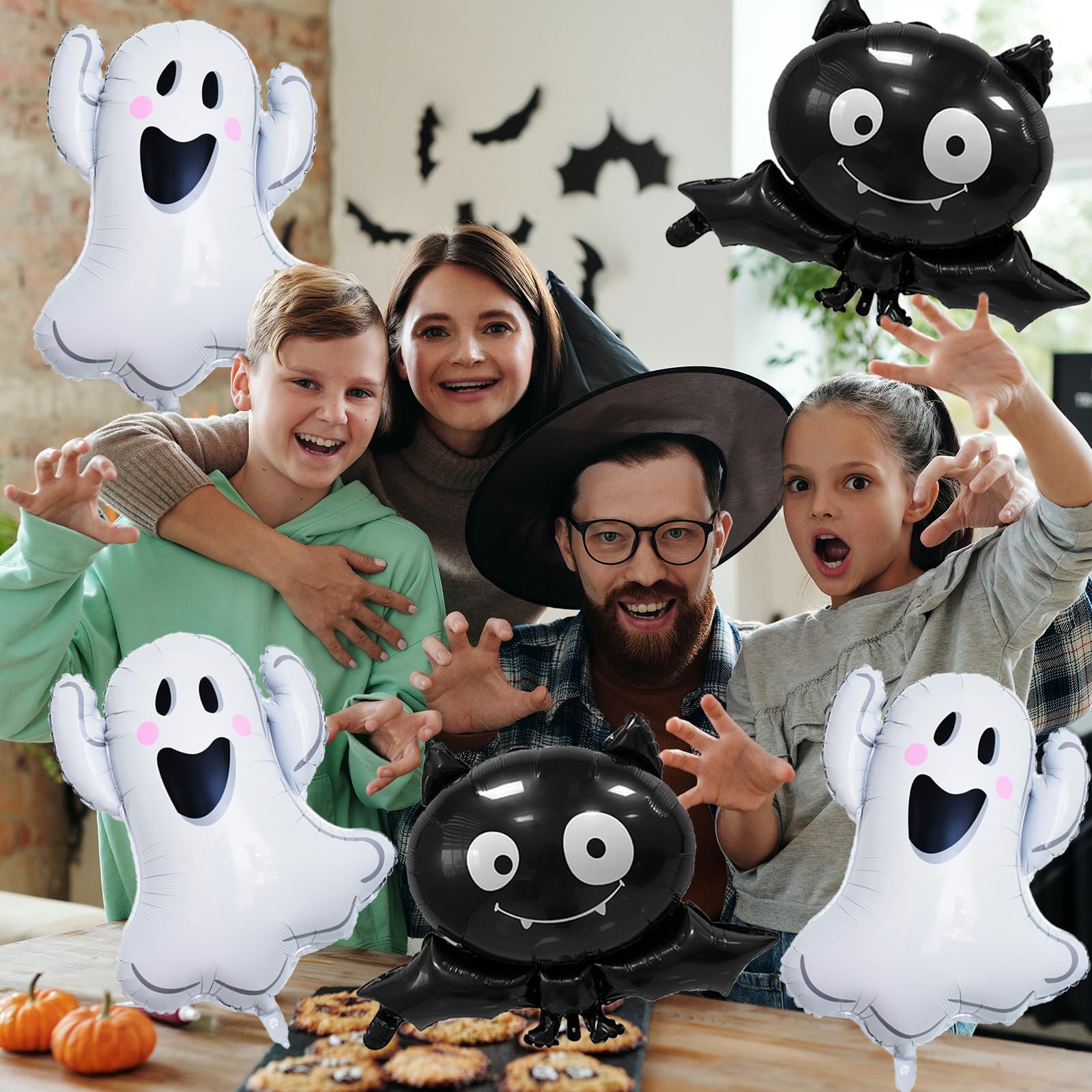 Halloween Party Balloons, 6PCS Large Halloween Ghost Foil Balloons Black Bat Mylar Balloons for Kids Halloween Props Halloween Birthday Party Decorations Supplies