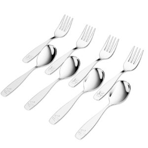 wxcwyqr 8 pieces toddler utensils, kids stainless steel silverware set - 4pcs forks and 4pcs spoon, cute children flatware sets with mirror polished, self feeding safe, dishwasher safe