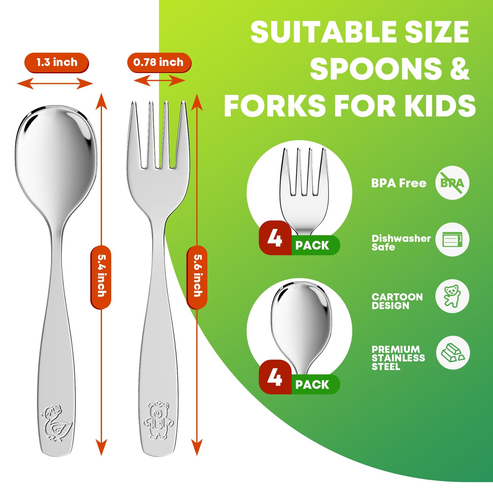 WXCWYQR 8 Pieces Toddler Utensils, Kids Stainless Steel Silverware Set - 4pcs Forks and 4pcs Spoon, Cute Children Flatware Sets with Mirror Polished, Self Feeding Safe, Dishwasher Safe