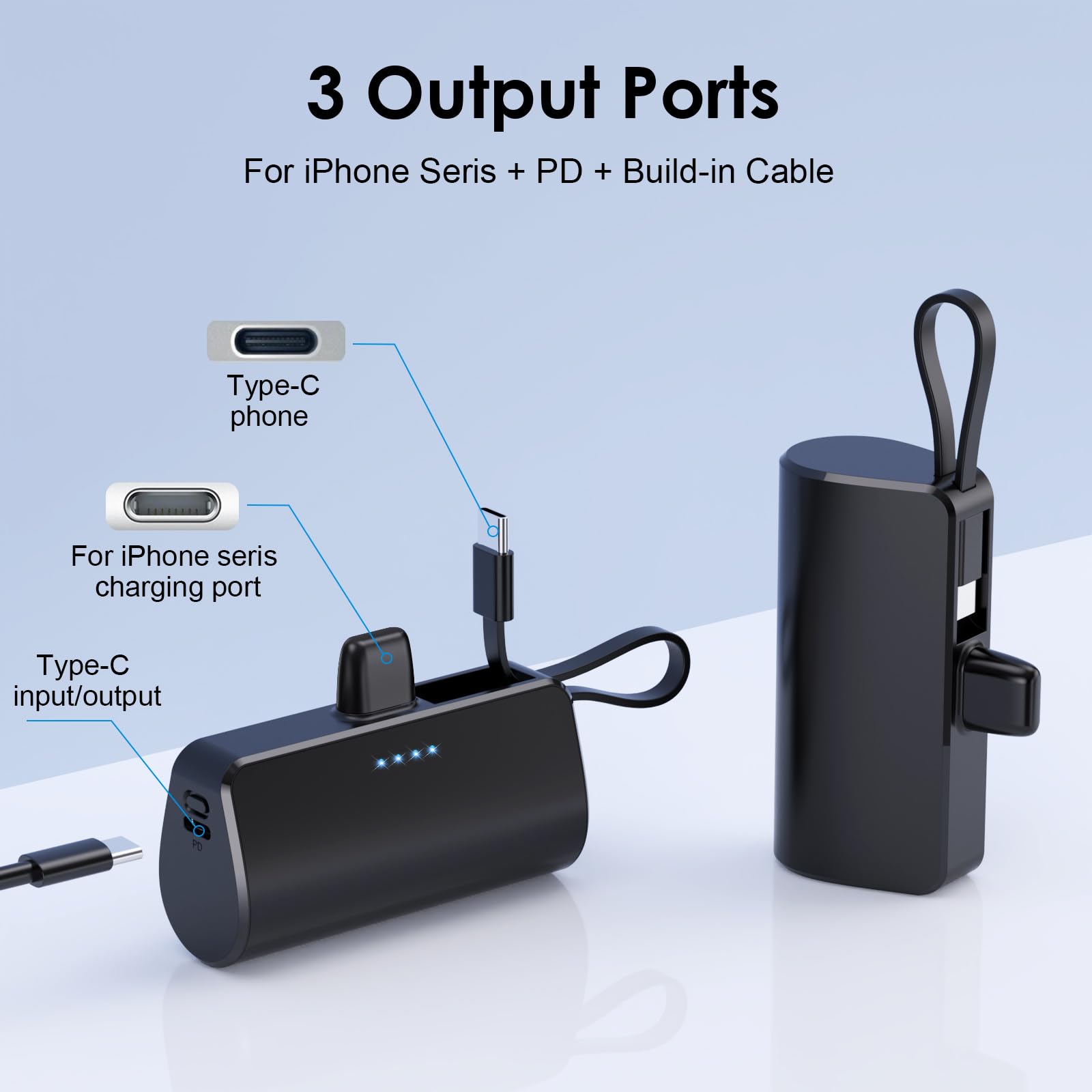 Mini Portable Charger Power Bank for iPhone,[2024 Upgraded] 5200mAh PD Battery Pack Built-in USB C Cable,Backup Charger Compatible with iPhone 15/14/14 Plus/14 Pro Max /13/12/11/XR/8/7/6,Android etc