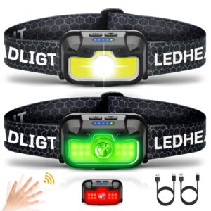 hokoiln headlamp rechargeable, 2 pack 1300 lumen ultra-light bright head lamp with white red green, 14 modes adjustable waterproof motion sensor headlight for outdoor camping running cycling hiking