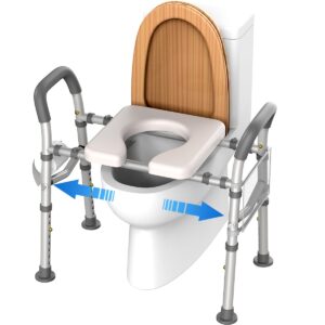 agrish 3-in-1 raised toilet seat - [adjustable width/height] with handles, heavy duty 400lbs medical safety handrails w/padded cushion seat - toilet seat raisers for seniors, handicap, pregnant