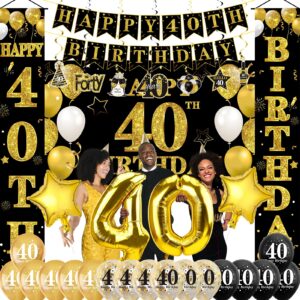 32pcs 40th birthday decorations kit for men women, black gold happy 40 birthday banner balloons hanging swirls kit party supplies, forty year old birthday backdrop props sign decor
