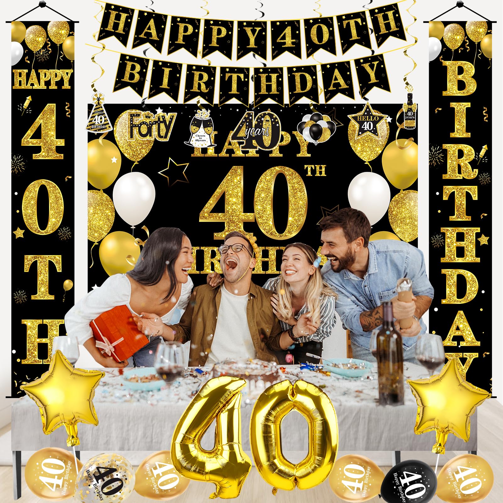 32Pcs 40th Birthday Decorations Kit for Men Women, Black Gold Happy 40 Birthday Banner Balloons Hanging Swirls Kit Party Supplies, Forty Year Old Birthday Backdrop Props Sign Decor