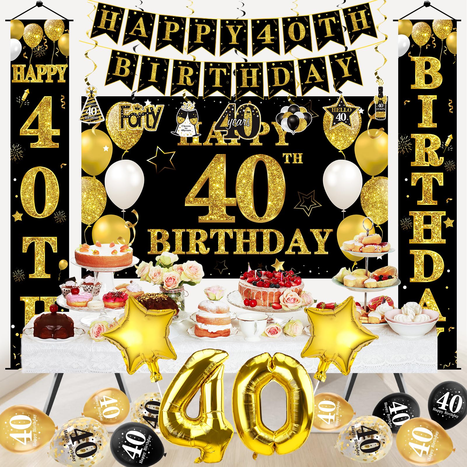 32Pcs 40th Birthday Decorations Kit for Men Women, Black Gold Happy 40 Birthday Banner Balloons Hanging Swirls Kit Party Supplies, Forty Year Old Birthday Backdrop Props Sign Decor