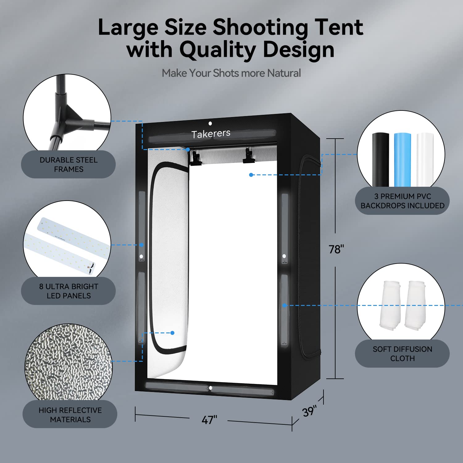 Professional Large Photo Light Box Photography Studio, Takerers 47x39x78inch LED Dimmable Shooting Tent Continuous Lighting Softbox for Clothing Photography with 3 Color Backdrops