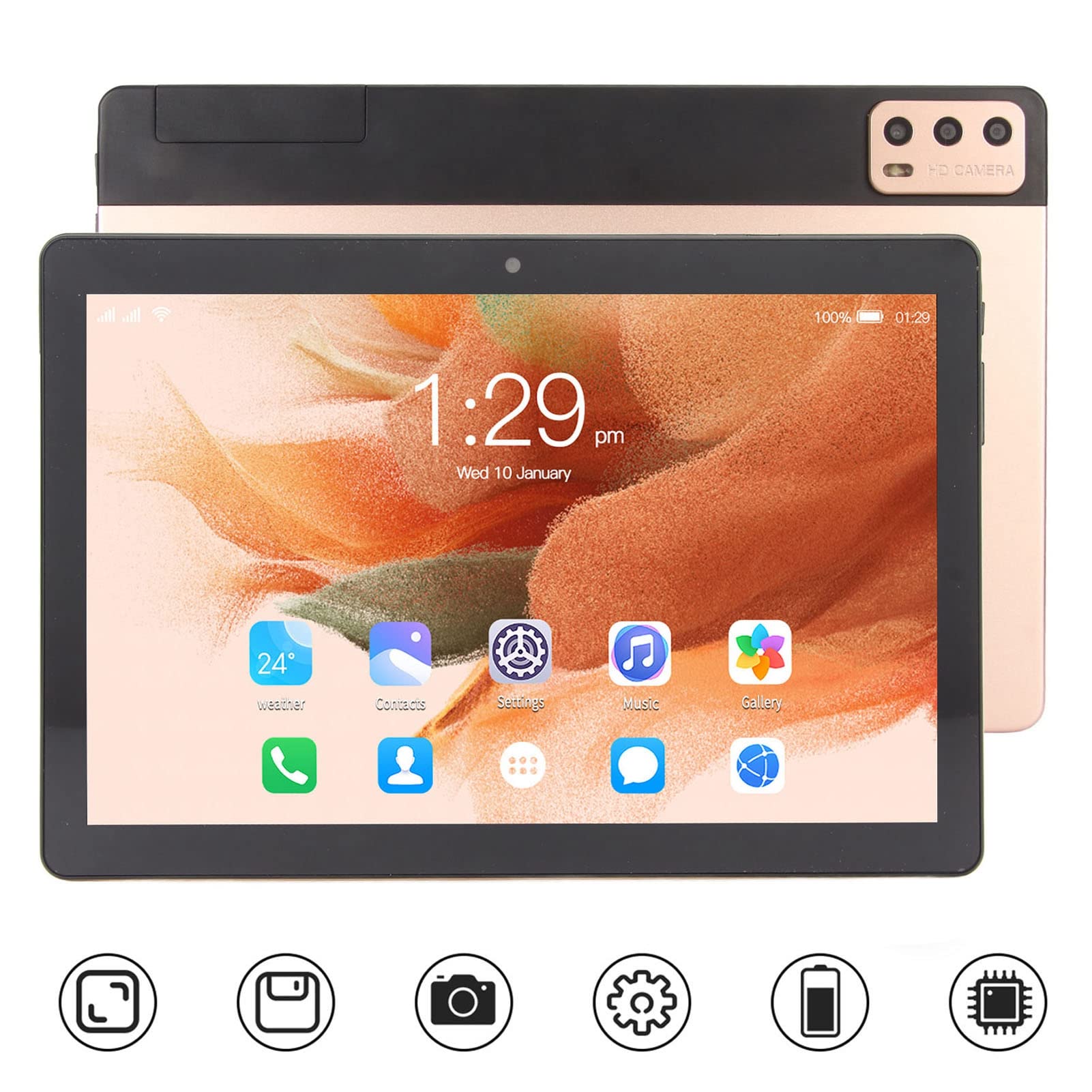 Acogedor 2 in 1 Tablet 10.1 Inch, Android 12.0 Tablets, Support 4G Band Calling Function, 2.4GHz and 5G WiFi Connection, 6GB RAM 128GB ROM, GPS, BT (Gold) (US Plug)