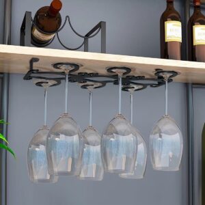 gelive 4 hook under cabinet wine glass holder stemware rack wine glass hanger space saver storage organizer for kitchen and bar butterfly shape (black)