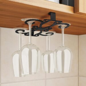 GeLive 4 Hook Under Cabinet Wine Glass Holder Stemware Rack Wine Glass Hanger Space Saver Storage Organizer for Kitchen and Bar Butterfly Shape (Black)