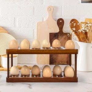 Sishynio Wooden Double Layer Egg Holder - Farmhouse Kitchen Acacia Egg Tray Organizer - 2 Tier Fresh Egg Storage Rack Basket for Countertop, 36 Capacity