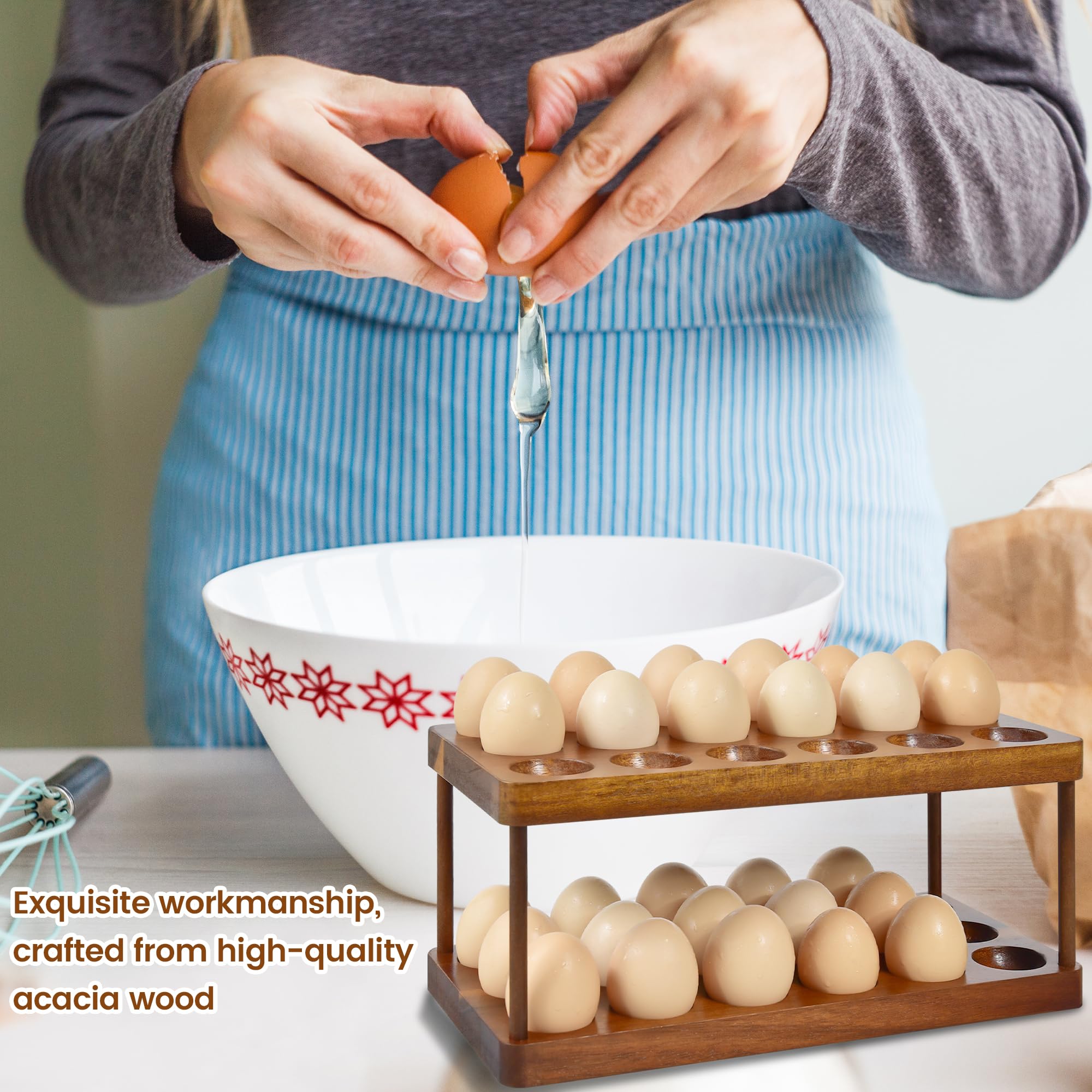 Sishynio Wooden Double Layer Egg Holder - Farmhouse Kitchen Acacia Egg Tray Organizer - 2 Tier Fresh Egg Storage Rack Basket for Countertop, 36 Capacity
