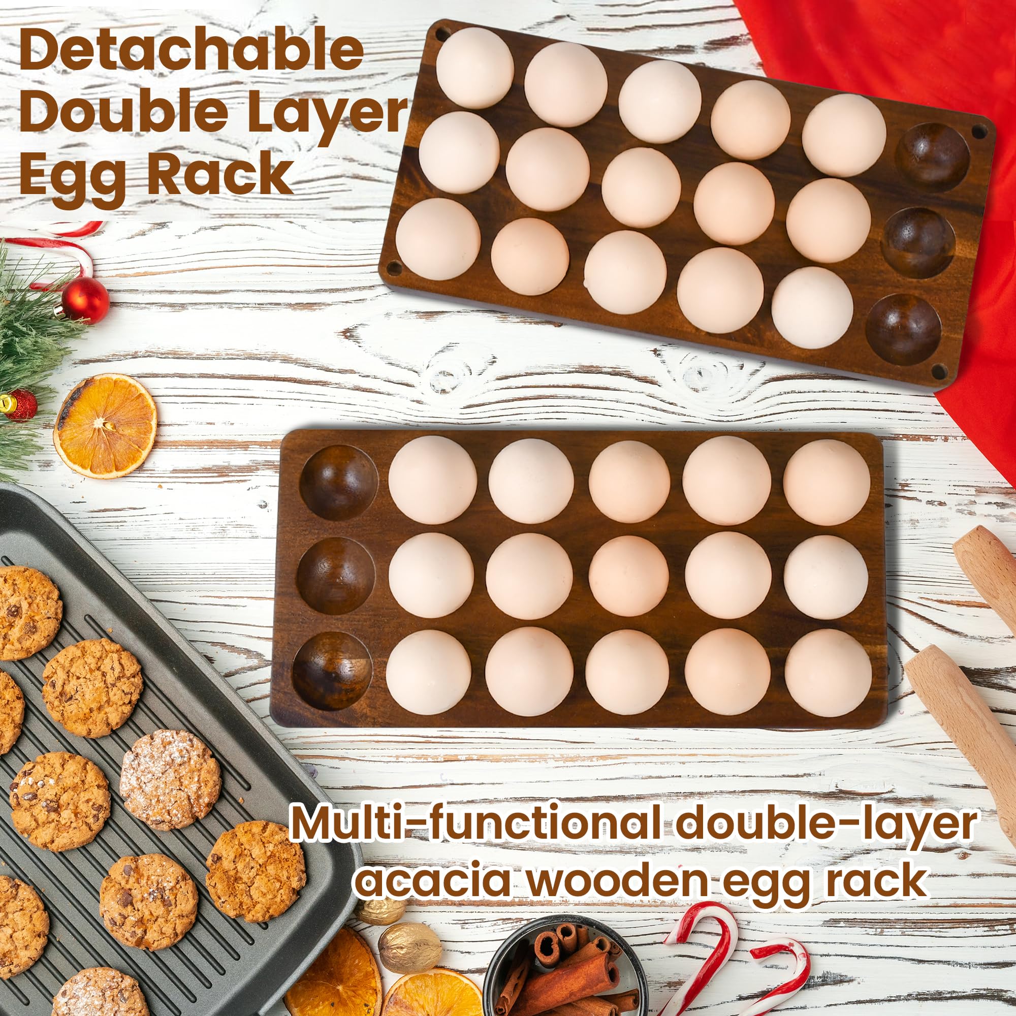 Sishynio Wooden Double Layer Egg Holder - Farmhouse Kitchen Acacia Egg Tray Organizer - 2 Tier Fresh Egg Storage Rack Basket for Countertop, 36 Capacity