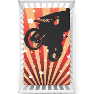 Dirt Bike Themed Fitted Mini Crib Sheets,Portable Mini Crib Sheets Soft & Stretchy Fitted Crib Sheet - Crib Mattress Sheet or Toddler Bed Sheet,24“ x38“,Vermilion Peach and Black