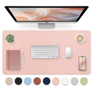pink desk mat, waterproof non-slip leather desk pad, large mouse pad, computer mat for desk, pink desk accessories easy clean for office/home (31.5×15.7 inches)