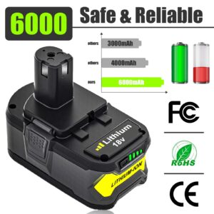 Amsbat 2 Packs 6.0Ah Replacement for Ryobi 18V Battery Lithium 18 Volt Battery P102 P104 P105 P107 P108 P109 P190 P122 Cordless Power Tools [Upgraded to 6.0Ah](Yellow)