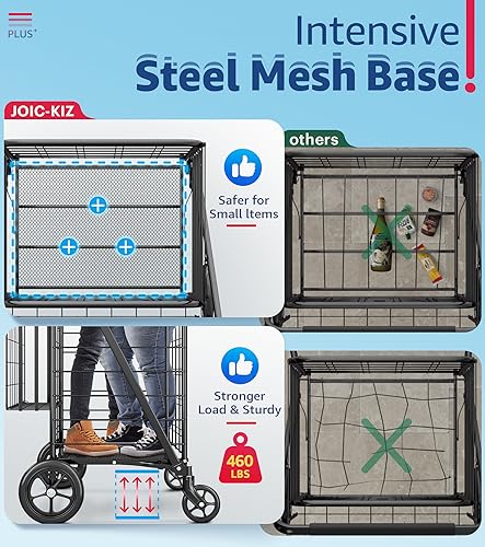 Shopping Cart，Jumbo 460 lbs Capacity Grocery Cart Heavy Duty Utility Cart w/Upgraded 360° Rolling Swivel Wheels & Double Basket Folding Shopping Cart for Transport Groceries, Luggage, Laundry, Condo