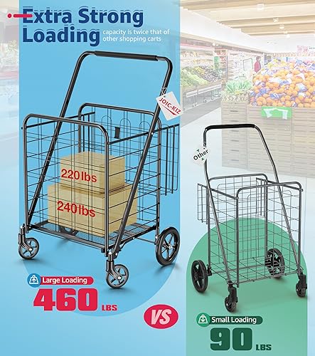 Shopping Cart，Jumbo 460 lbs Capacity Grocery Cart Heavy Duty Utility Cart w/Upgraded 360° Rolling Swivel Wheels & Double Basket Folding Shopping Cart for Transport Groceries, Luggage, Laundry, Condo