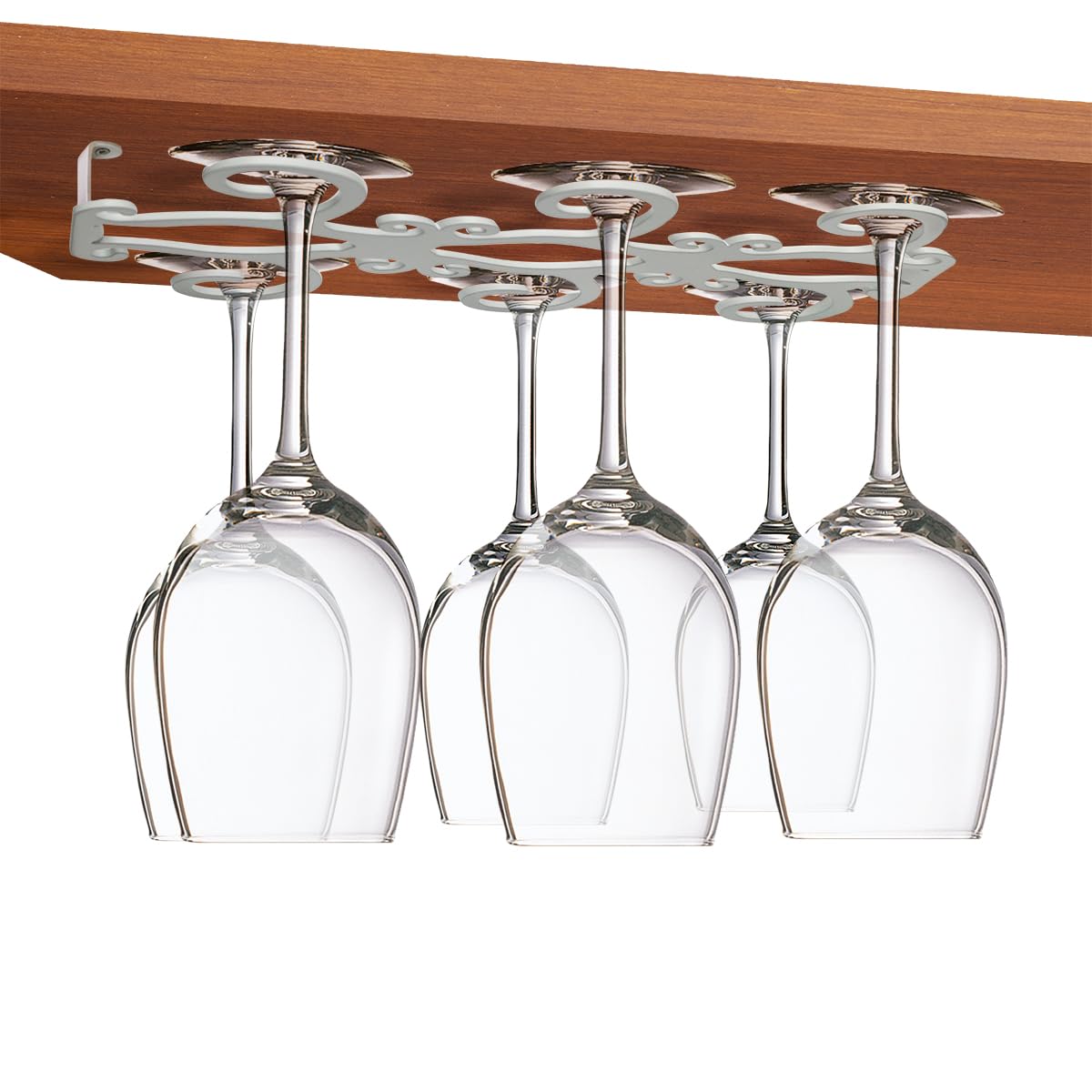 GeLive Under Cabinet Wine Glass Holder Stemware Rack 6 Hook Wine Glass Hanger Space Saver Storage Organizer for Kitchen and Bar Butterfly Shape (White)
