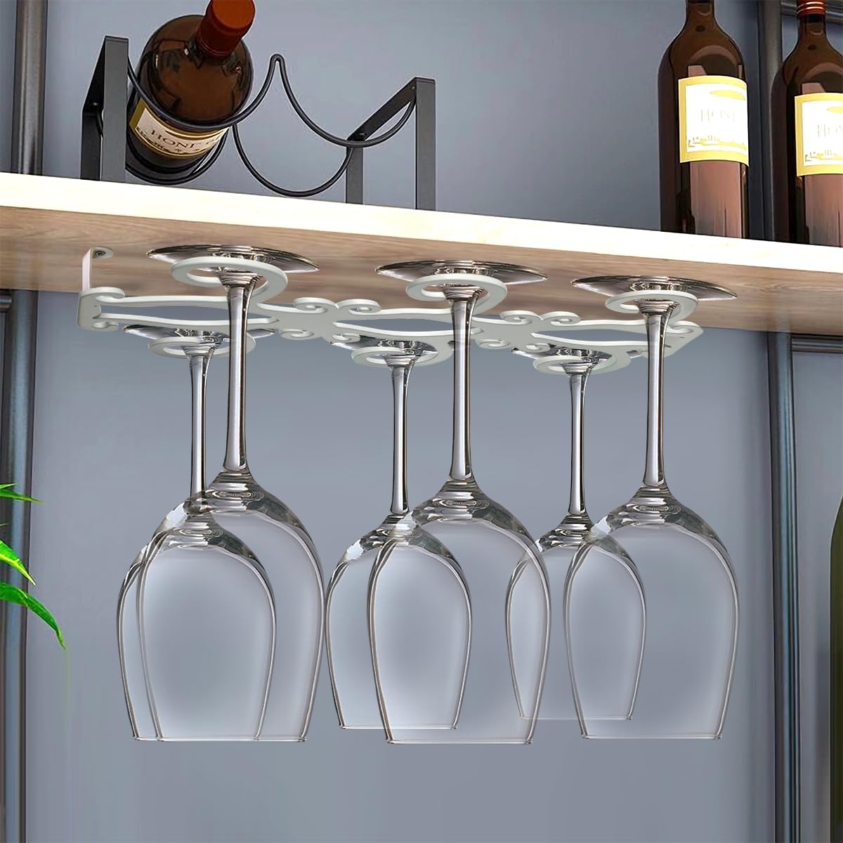 GeLive Under Cabinet Wine Glass Holder Stemware Rack 6 Hook Wine Glass Hanger Space Saver Storage Organizer for Kitchen and Bar Butterfly Shape (White)