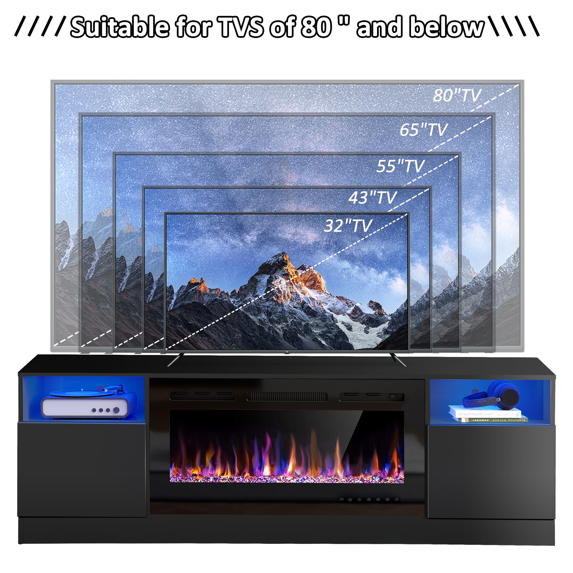 AHB 70" Fireplace TV Stand for TVs Up to 80" with 36" Electric Fireplace, TV Console for The Living Room, LED Light Entertainment Center, Storage Cabinet, Media Console Table, Black