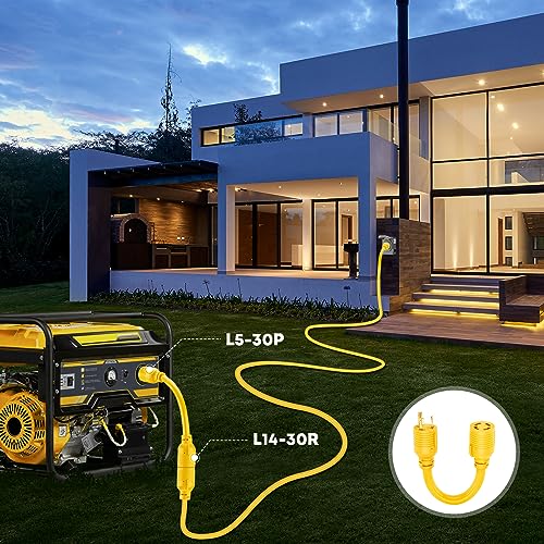 Kohree NEMA L5-30P to L14-30R Adapter Cord, 3 Prong to 4 Prong Generator Adapter, STW 10 AWG 12", 30 Amp L5-30P Male Generator to L14-30R Transfer Switch Female Adapter