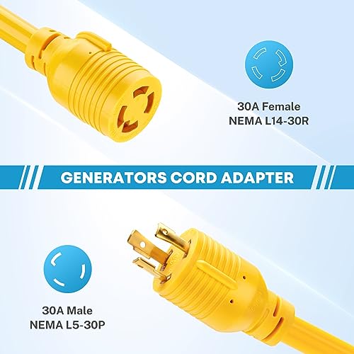 Kohree NEMA L5-30P to L14-30R Adapter Cord, 3 Prong to 4 Prong Generator Adapter, STW 10 AWG 12", 30 Amp L5-30P Male Generator to L14-30R Transfer Switch Female Adapter