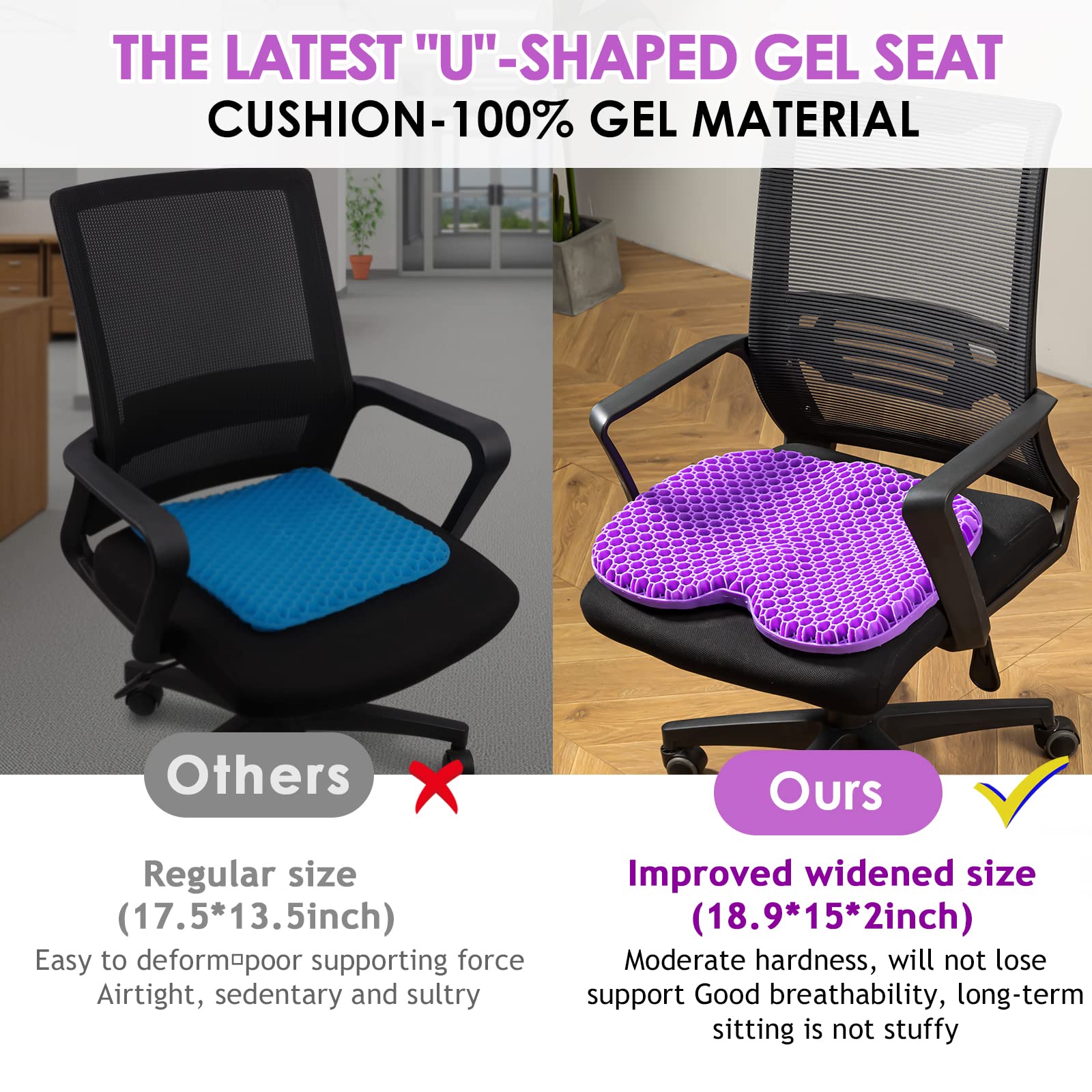 Enhanced Full Gel Seat Cushion for Sitting - Hip, Coccyx, Sciatica, Pressure Sores Tailbone Pain Relief Pad, Seat Cushion for Car, Wheelchair, Desk, Stadium - Office Cushion for Pressure Relief