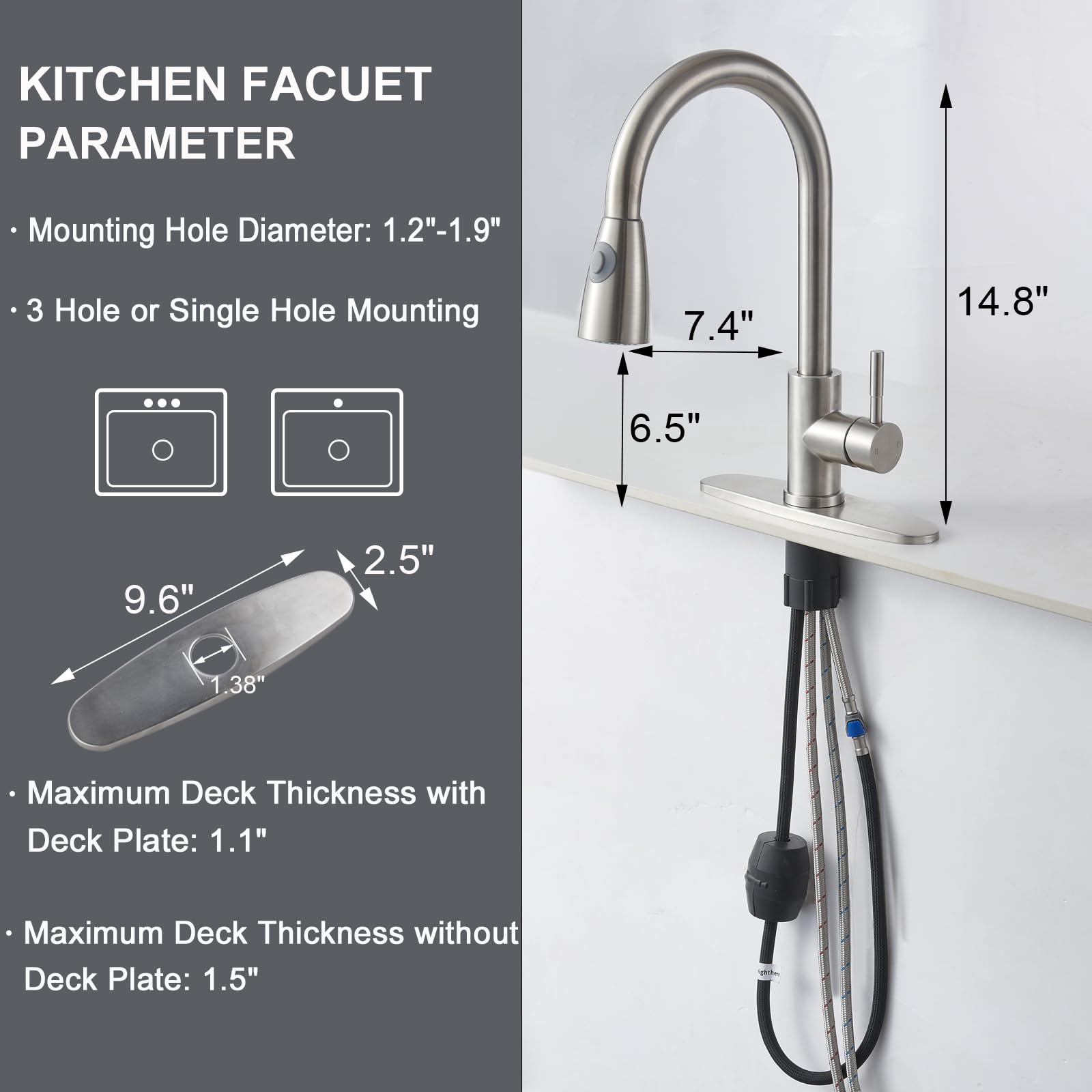 SHACO Brushed Nickel Kitchen Faucet with Pull Down Sprayer Commercial Stainless Steel Kitchen Sink Faucet with Deck Plate Single Handle Single Hole Pull Out Faucet for Laundry RV Grifos De Cocina