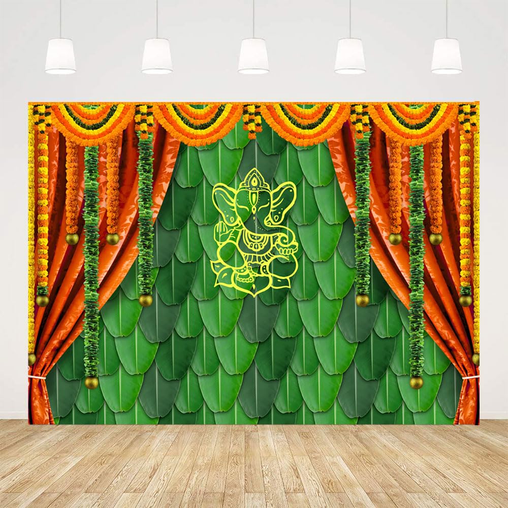 Ticuenicoa 10x7ft India Pooja Traditional Photography Backdrop Banana Leaf Green Chatiya Ganesh Background Puja Ganpati Pooja Mehndi backdrops Decorations Wedding Party Marigold Garlands Photo Props