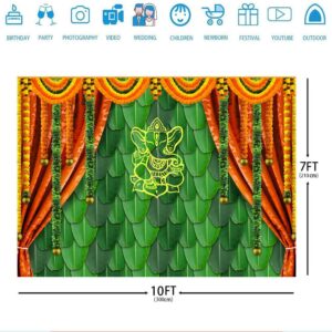 Ticuenicoa 10x7ft India Pooja Traditional Photography Backdrop Banana Leaf Green Chatiya Ganesh Background Puja Ganpati Pooja Mehndi backdrops Decorations Wedding Party Marigold Garlands Photo Props